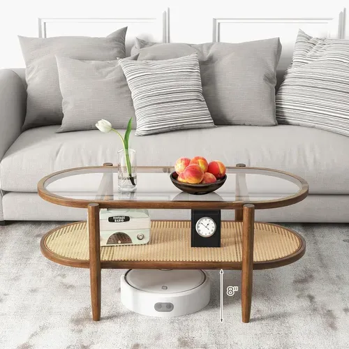 Table Basse Bois En Verre Rotin Cannage, Table D'appoint Ovale, Charge 120kg, 102×56×47cm,marron