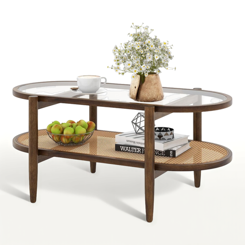 Table Basse Bois En Verre Rotin Cannage, Table D'appoint Ovale, Charge 120kg, 102×56×47cm,marron