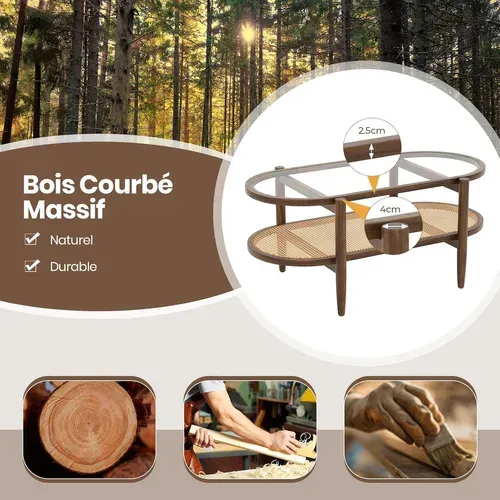 Table Basse Bois En Verre Rotin Cannage, Table D'appoint Ovale, Charge 120kg, 102×56×47cm,marron