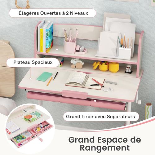 COSTWAY Bureau Enfant Réglable En Hauteur 50,5-73 Cm & Plateau Inclinable 0-60° – Table Étude Rose Avec Étagère, Tiroir & Règle – 3-12 Ans