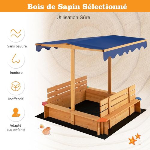 COSTWAY Bac à Sable En Bois De Sapin Avec Toit Réglable Inclinable - 121x121x120 Cm, Charge 90kg, Pour Enfants Dès 3 Ans