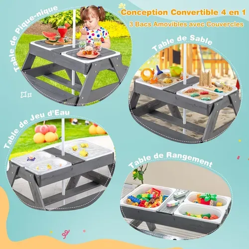 Table De Pique-nique Enfants Avec Parasol Réglable Et 3 Bacs Amovible, Charge 100kg