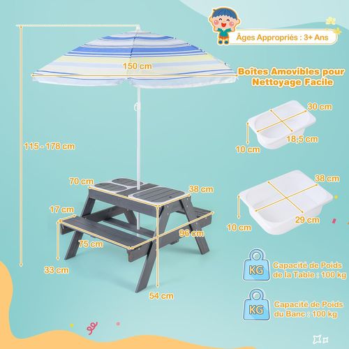 Table De Pique-nique Enfants Avec Parasol Réglable Et 3 Bacs Amovible, Charge 100kg