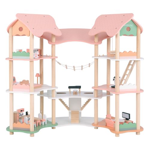 OOOK Maison de Poupée en Bois avec Ascenseur, Maison Poupée à Partir 3 Ans | Grande Maison de Poupée pour Filles et Garçons à 3 étages, Comprenant 21 Meubles, 4 Poupées Familiales