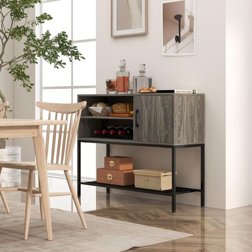 Buffet Cuisine, Meuble De Bar à Vin Avec Cassier à Vin Et Étagères De Rangement, Gris
