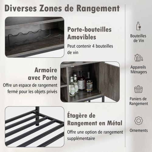 Buffet Cuisine, Meuble De Bar à Vin Avec Cassier à Vin Et Étagères De Rangement, Gris