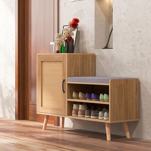 Banc à Chaussures En Rotin Avec 2 Tiroirs Rabattables & Coussin - Meuble D'entrée Rangement 8 Paires - Style Bohème Naturel, étagères Réglables