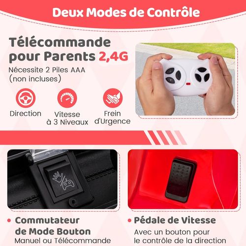 Voiture électrique Enfant 12V HAUSPROFI - Avec Télécommande 2,4G, Bluetooth, LED, Vitesse Max 5km/h, Rouge