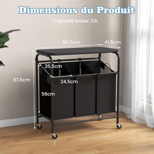 Panier à Linge 3 Compartiments, Corbeille à Linge à Roulettes 33l, 3 Bac à Linge Sale