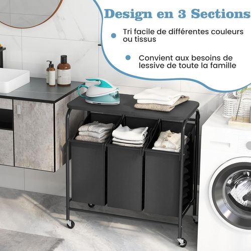 Panier à Linge 3 Compartiments, Corbeille à Linge à Roulettes 33l, 3 Bac à Linge Sale