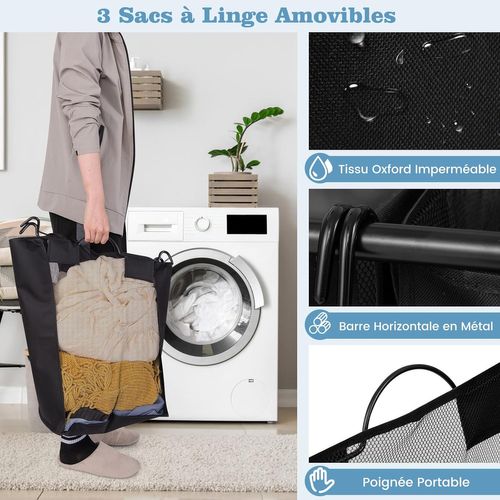 Panier à Linge 3 Compartiments, Corbeille à Linge à Roulettes 33l, 3 Bac à Linge Sale