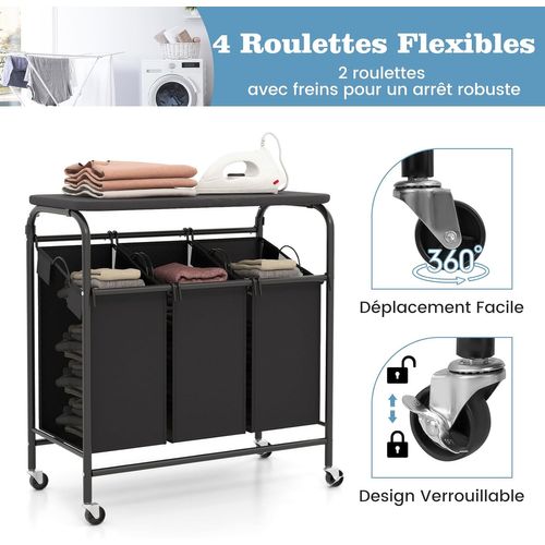 Panier à Linge 3 Compartiments, Corbeille à Linge à Roulettes 33l, 3 Bac à Linge Sale
