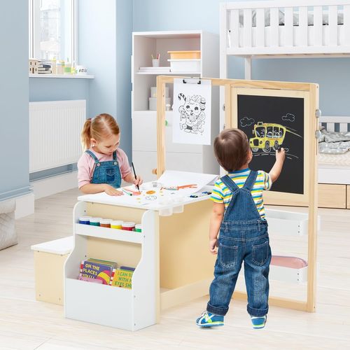 2 En 1 Bureau Enfants En Bois Avec Banc Et Etagères, Tableau Enfant, Charge 50kg (blanc)