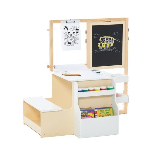 2 En 1 Bureau Enfants En Bois Avec Banc Et Etagères, Tableau Enfant, Charge 50kg (blanc)