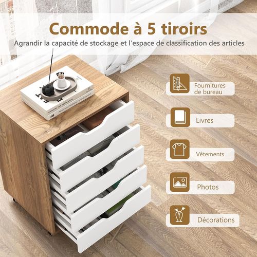 Caisson Bureau 5 Tiroirs, Caisson De Rangement à Roulette, Blanc Naturel, 49 X 40 X 65 Cm