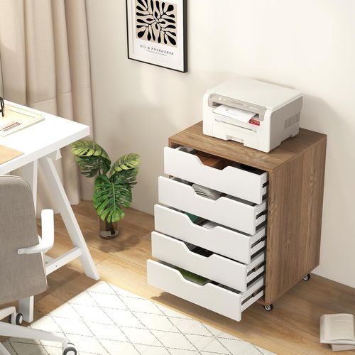 Caisson Bureau 5 Tiroirs, Caisson De Rangement à Roulette, Blanc Naturel, 49 X 40 X 65 Cm