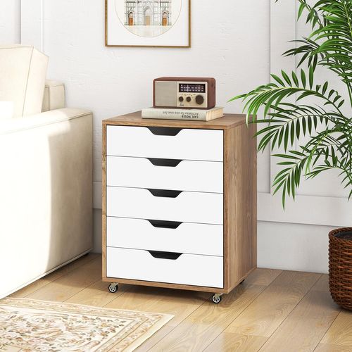 Caisson Bureau 5 Tiroirs, Caisson De Rangement à Roulette, Blanc Naturel, 49 X 40 X 65 Cm
