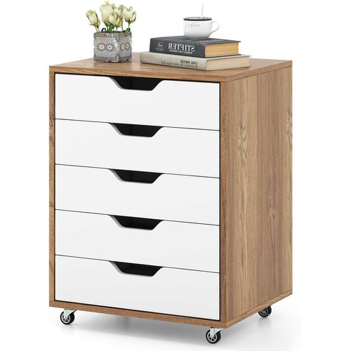 Caisson Bureau 5 Tiroirs, Caisson De Rangement à Roulette, Blanc Naturel, 49 X 40 X 65 Cm