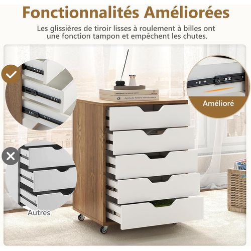 Caisson Bureau 5 Tiroirs, Caisson De Rangement à Roulette, Blanc Naturel, 49 X 40 X 65 Cm