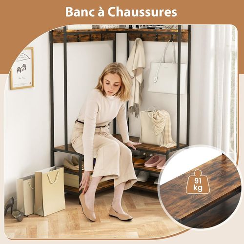 Porte Manteaux D'angle 178 Cm, Meuble D'entrée Avec Banc à Chaussures, 7 Patères