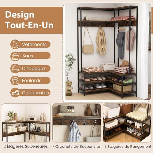 Porte Manteaux D'angle 178 Cm, Meuble D'entrée Avec Banc à Chaussures, 7 Patères