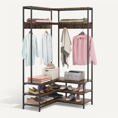 Porte Manteaux D'angle 178 Cm, Meuble D'entrée Avec Banc à Chaussures, 7 Patères