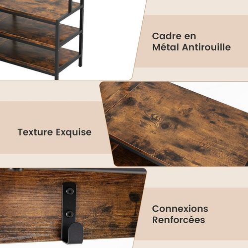 Porte Manteaux D'angle 178 Cm, Meuble D'entrée Avec Banc à Chaussures, 7 Patères