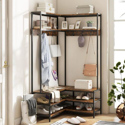 Porte Manteaux D'angle 178 Cm, Meuble D'entrée Avec Banc à Chaussures, 7 Patères