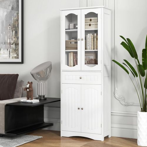Armoire De Rangement De 160 Cm De Haut, 2 Portes En Verre Transparent, 2 Etagères Réglables