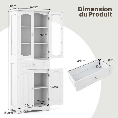 Armoire De Rangement De 160 Cm De Haut, 2 Portes En Verre Transparent, 2 Etagères Réglables