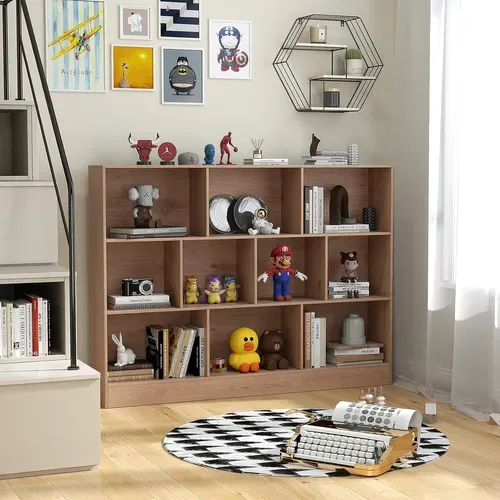 Bibliothèque Etagère à 10 Cases, Armoire De Rangement Autoportante à 3 Niveaux, Bureau, Naturel