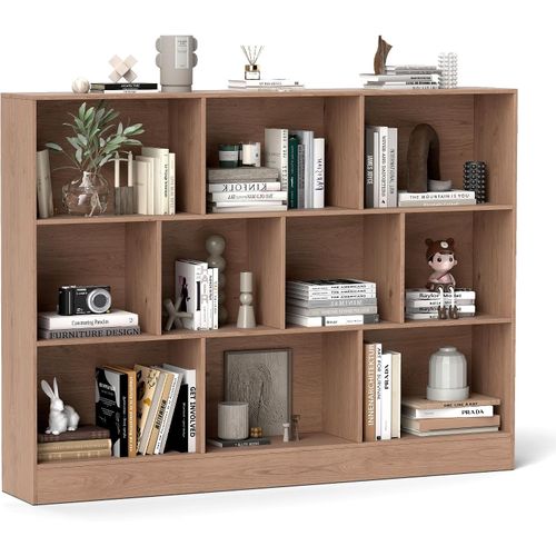 Bibliothèque Etagère à 10 Cases, Armoire De Rangement Autoportante à 3 Niveaux, Bureau, Naturel