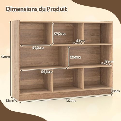 Bibliothèque Enfants à 3 Niveaux Avec 8 Cases, Étagère à Livres Enfant, Charge 60kg, 122 X 32 X 93cm