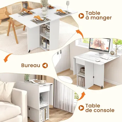 Table Pliante Cuisine, Table Pliante Interieure Avec 1 Tiroir Et 2 Etagères, 34-120 X72x75cm (blanc)