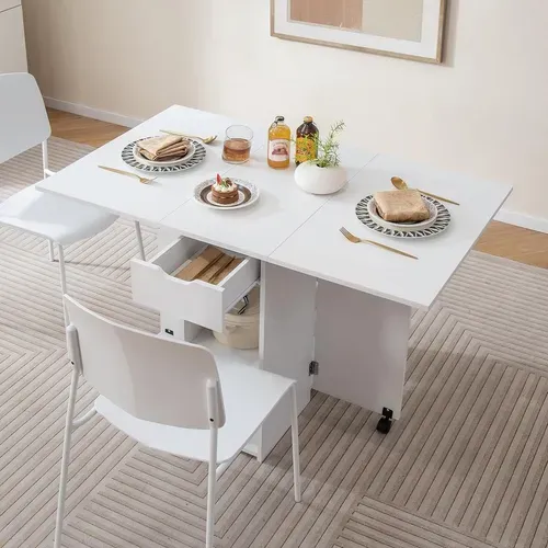 Table Pliante Cuisine, Table Pliante Interieure Avec 1 Tiroir Et 2 Etagères, 34-120 X72x75cm (blanc)