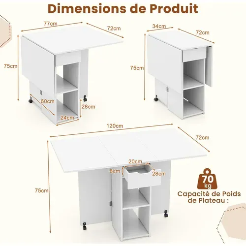 Table Pliante Cuisine, Table Pliante Interieure Avec 1 Tiroir Et 2 Etagères, 34-120 X72x75cm (blanc)