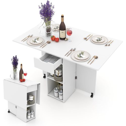 Table Pliante Cuisine, Table Pliante Interieure Avec 1 Tiroir Et 2 Etagères, 34-120 X72x75cm (blanc)