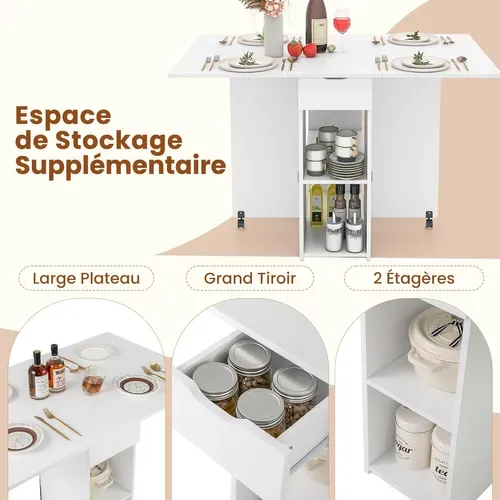 Table Pliante Cuisine, Table Pliante Interieure Avec 1 Tiroir Et 2 Etagères, 34-120 X72x75cm (blanc)