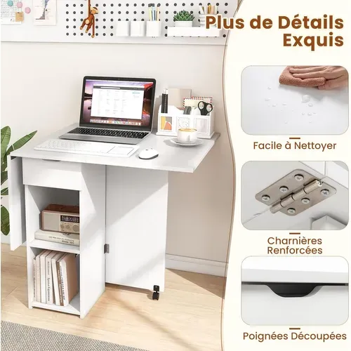 Table Pliante Cuisine, Table Pliante Interieure Avec 1 Tiroir Et 2 Etagères, 34-120 X72x75cm (blanc)