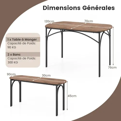 Table De Cuisine Avec 2 Bancs, Meuble Salle à Manger 4 Personnes, Design Ovale, 120 X 70 X 76 Cm
