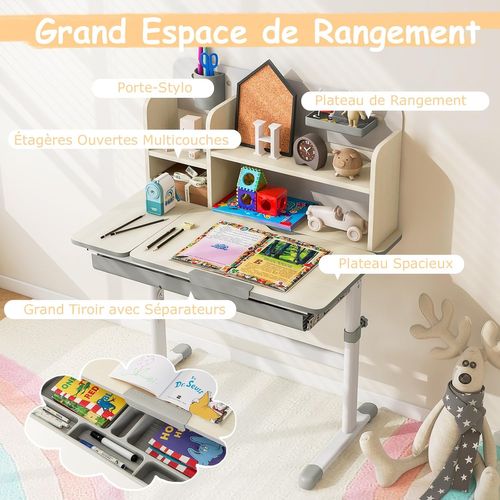 COSTWAY Bureau Enfants Réglable En Hauteur 50,5-73 Cm Plateau Inclinable 0-60° Rose
