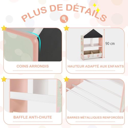 Bibliothèque Rangement Enfants Avec Tableau Noir - 137x30x94.5 Cm, 8 Boîtes Plastique, étagères