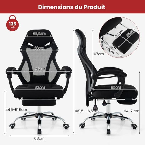 Chaise De Bureau Ergonomique En Maille Avec Repose-pieds, Chaise De Direction Pivotante, Noir