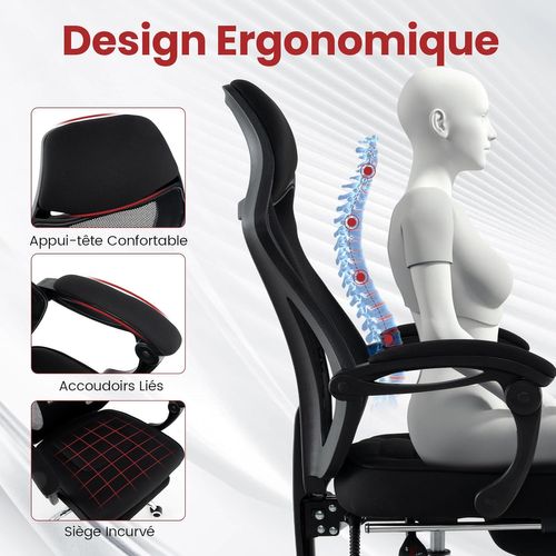 Chaise De Bureau Ergonomique En Maille Avec Repose-pieds, Chaise De Direction Pivotante, Noir