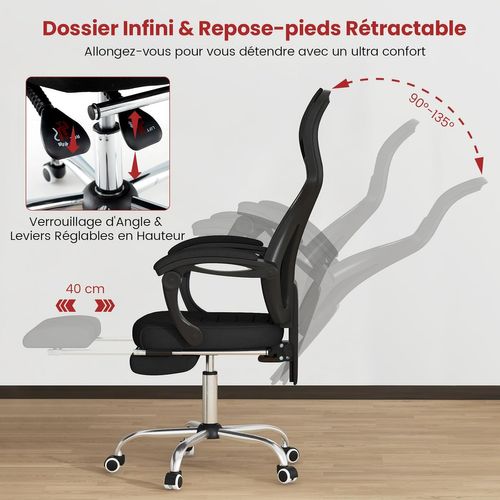 Chaise De Bureau Ergonomique En Maille Avec Repose-pieds, Chaise De Direction Pivotante, Noir