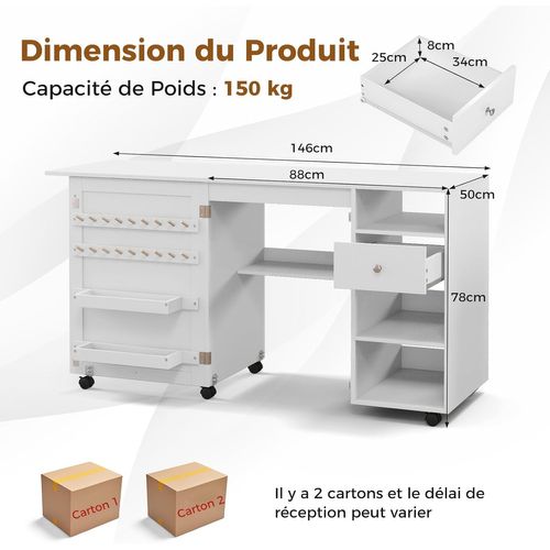 Table De Couture Pliante, Meuble Machine à Coudre Avec 4 Compartiments Ouverts Et 1 Tiroir, Blanc