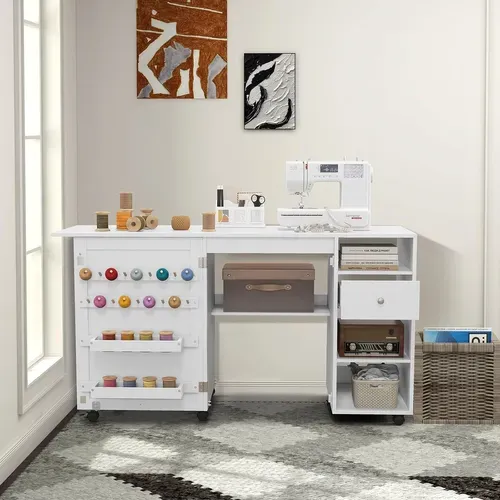 Table De Couture Pliante, Meuble Machine à Coudre Avec 4 Compartiments Ouverts Et 1 Tiroir, Blanc
