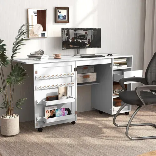 Table De Couture Pliante, Meuble Machine à Coudre Avec 4 Compartiments Ouverts Et 1 Tiroir, Blanc