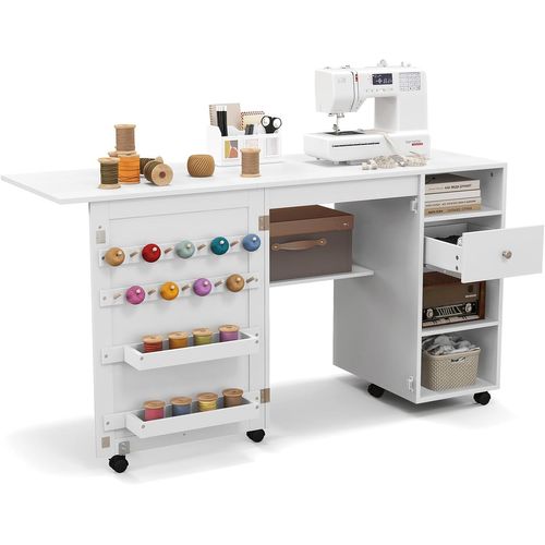 Table De Couture Pliante, Meuble Machine à Coudre Avec 4 Compartiments Ouverts Et 1 Tiroir, Blanc