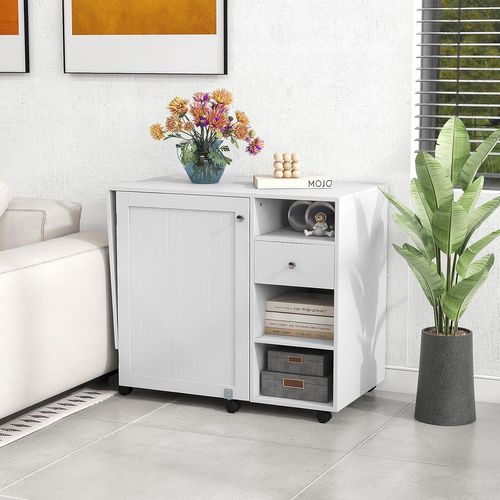 Table De Couture Pliante, Meuble Machine à Coudre Avec 4 Compartiments Ouverts Et 1 Tiroir, Blanc